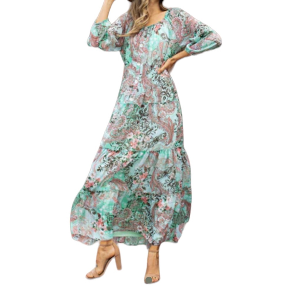 Figueroa and Flower Bright Blue and Pink Floral/Paisley Off the Shoulder Maxi L